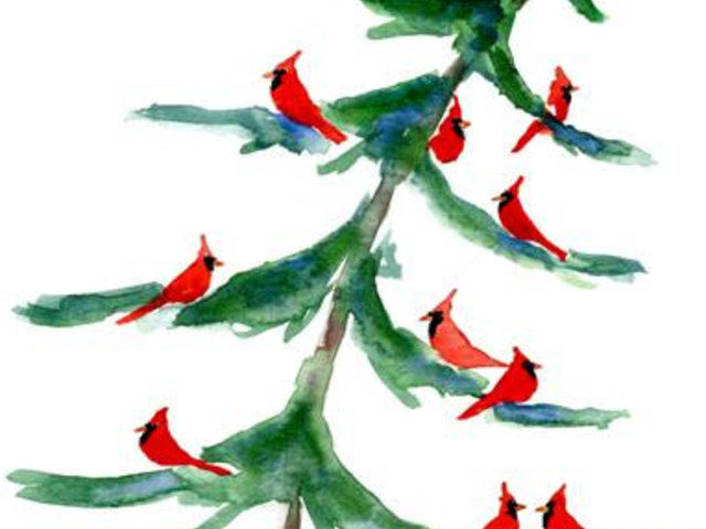 watercolor of green tree with red birds all over it