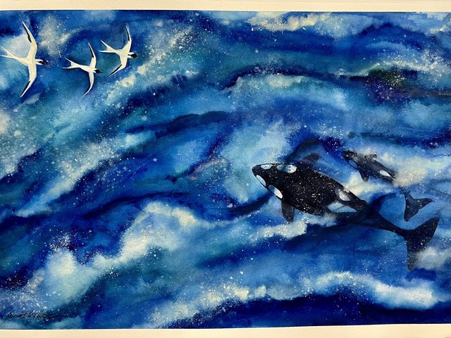 "Tides: Orcas and Terns" an Original Watercolor Painting